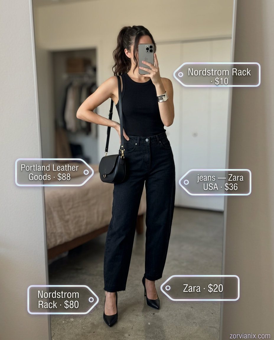 Minimalist Summer Barrel Leg Jeans Outfits for Women 2026: Black wash denim with black ribbed tank & stiletto pumps.