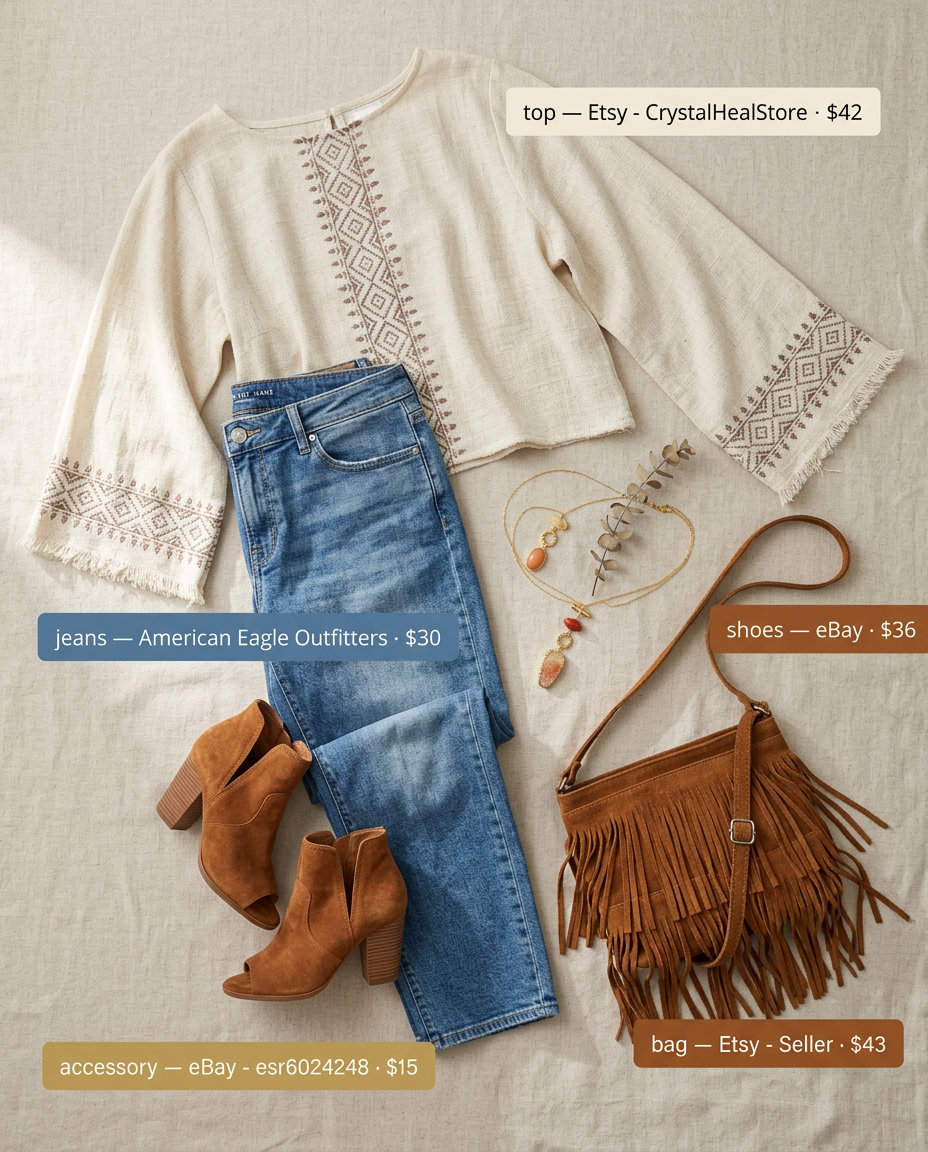 Boho Summer Barrel Leg Jeans Outfits for Women 2026: Medium wash denim with cream embroidered peasant blouse & suede boots.