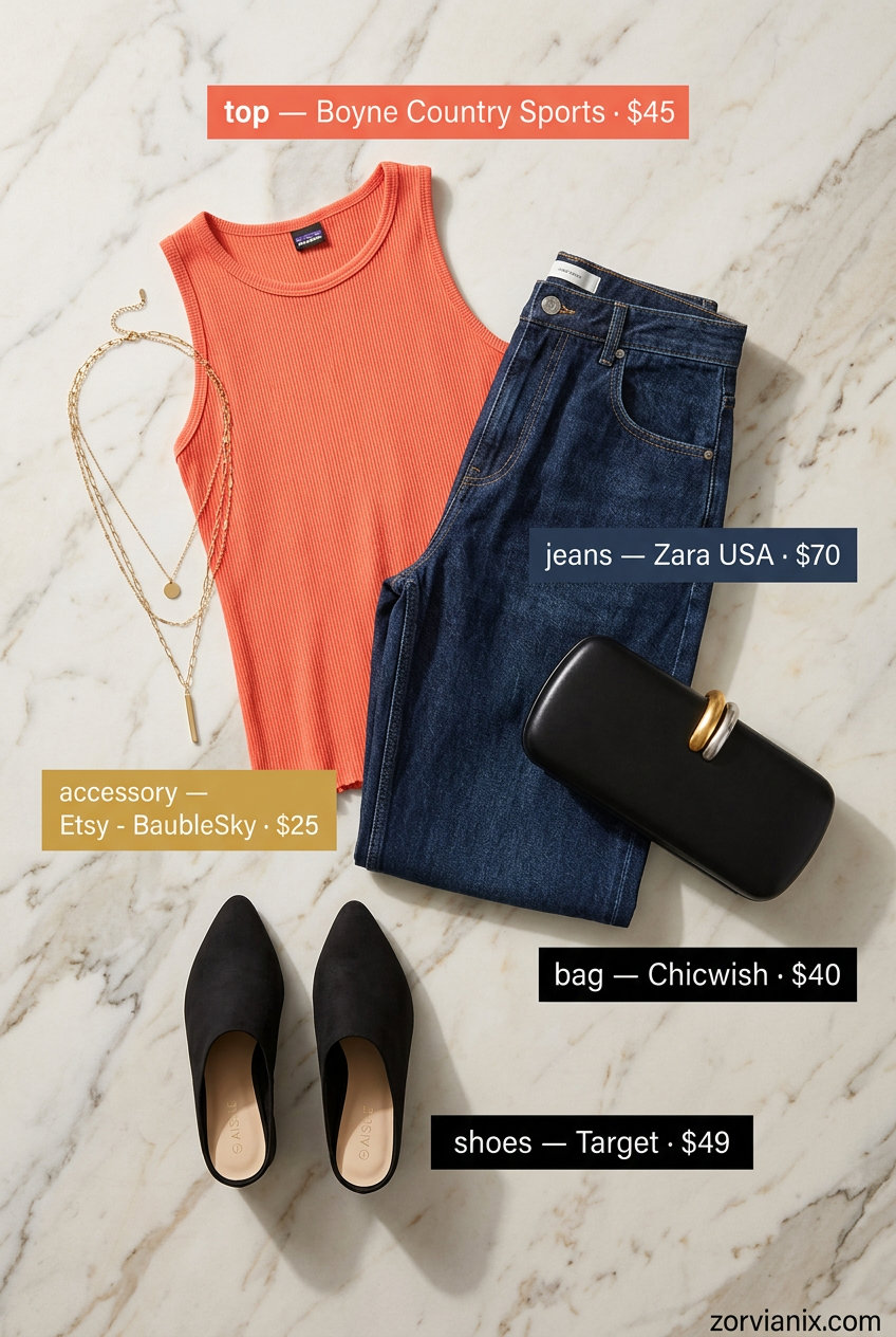 Vibrant Summer Barrel Leg Jeans Outfits for Women 2026: Dark wash denim with coral knit top & black mules.