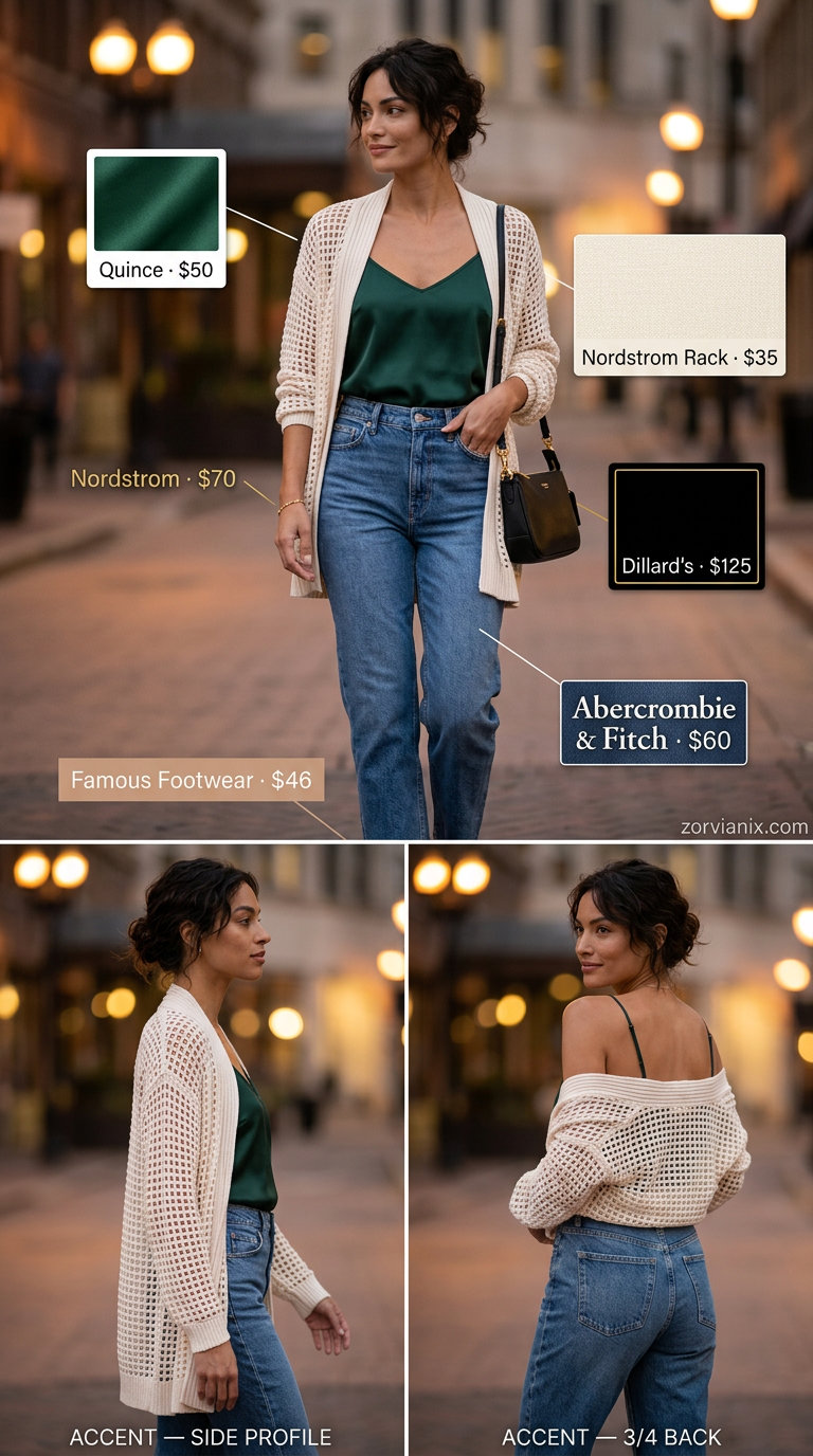 Chic Summer Barrel Leg Jeans Outfits for Women 2026: Medium wash denim with emerald green camisole & heeled sandals.