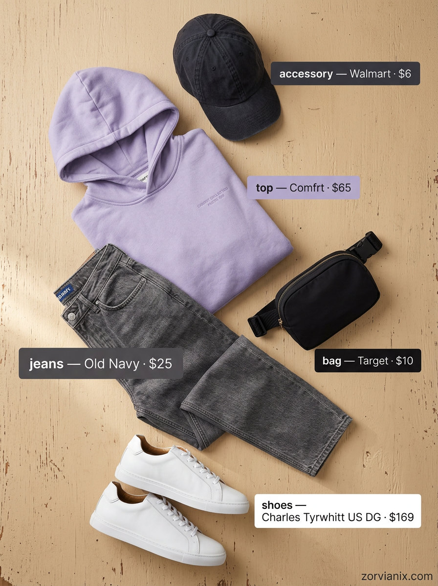 Trendy Summer Barrel Leg Jeans Outfits for Women 2026: Grey denim with lavender hoodie & fashion sneakers.