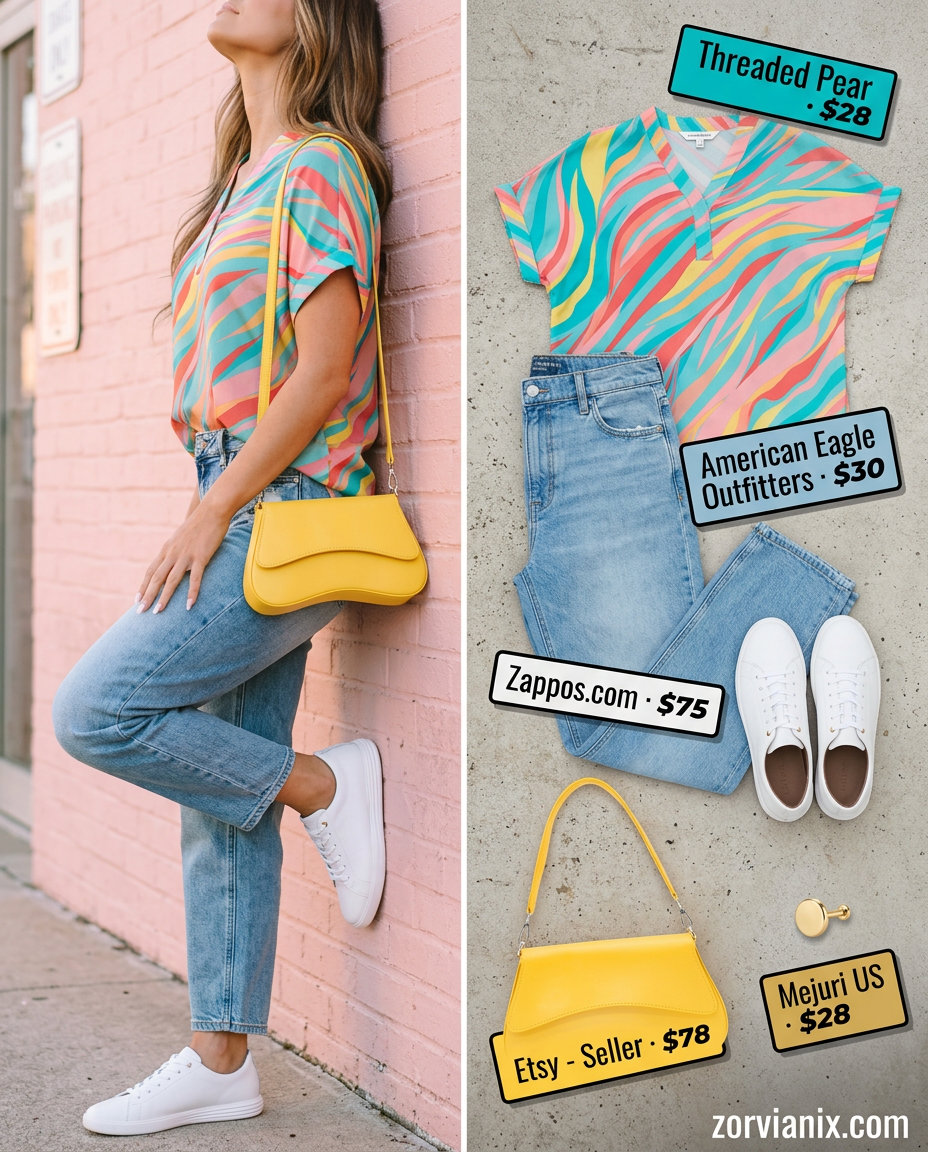 Playful Summer Barrel Leg Jeans Outfits for Women 2026: Medium wash denim with multicolor print blouse & white sneakers.