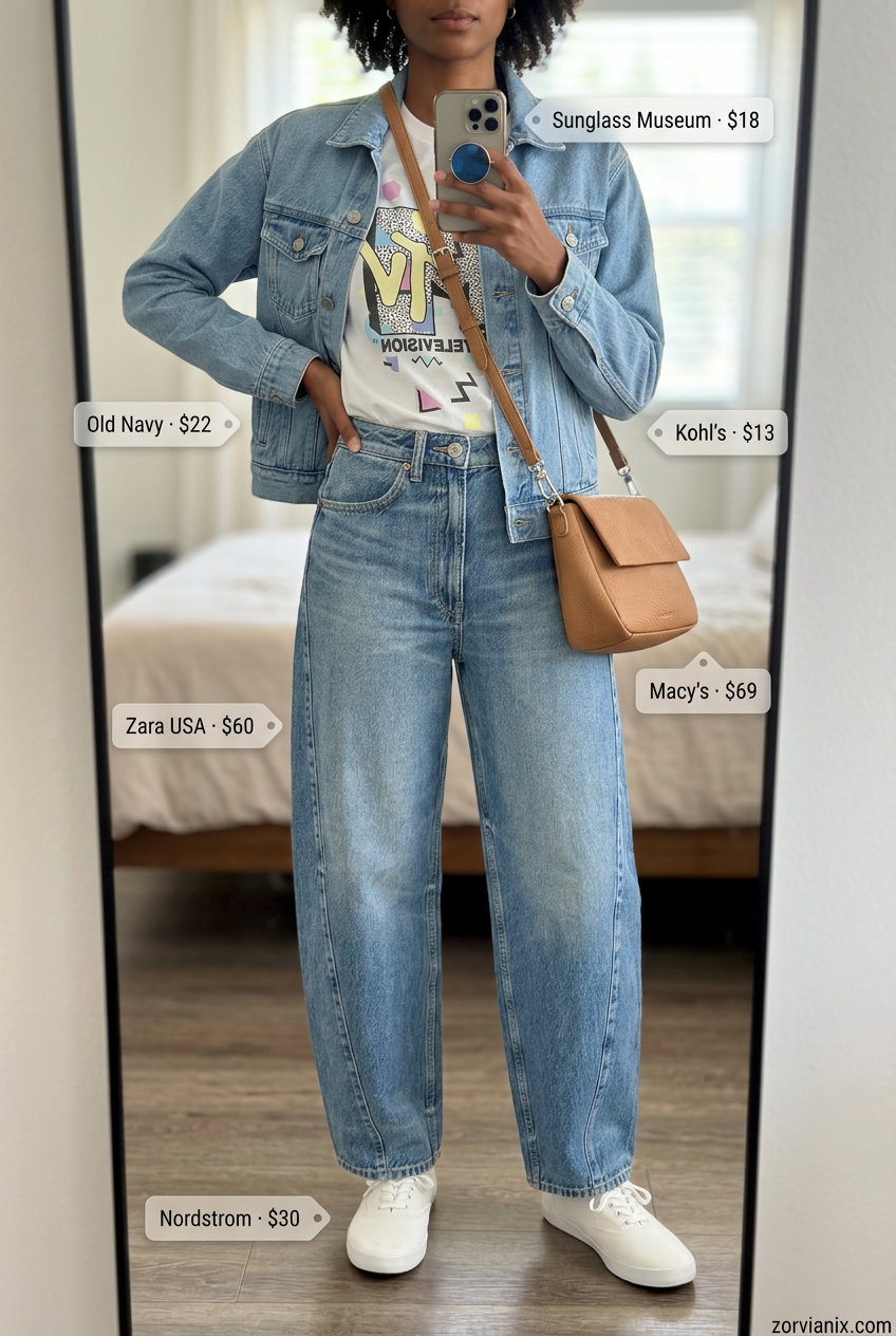 Retro Summer Barrel Leg Jeans Outfits for Women 2026: Light wash denim with graphic tee, denim jacket & sneakers.