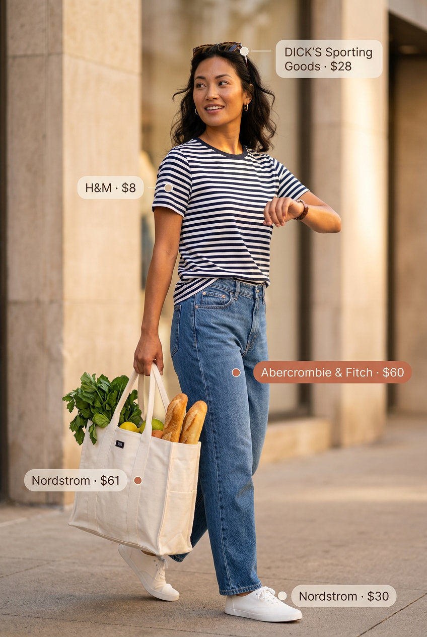 Classic Summer Barrel Leg Jeans Outfits for Women 2026: Light blue denim with striped tee & canvas tote.