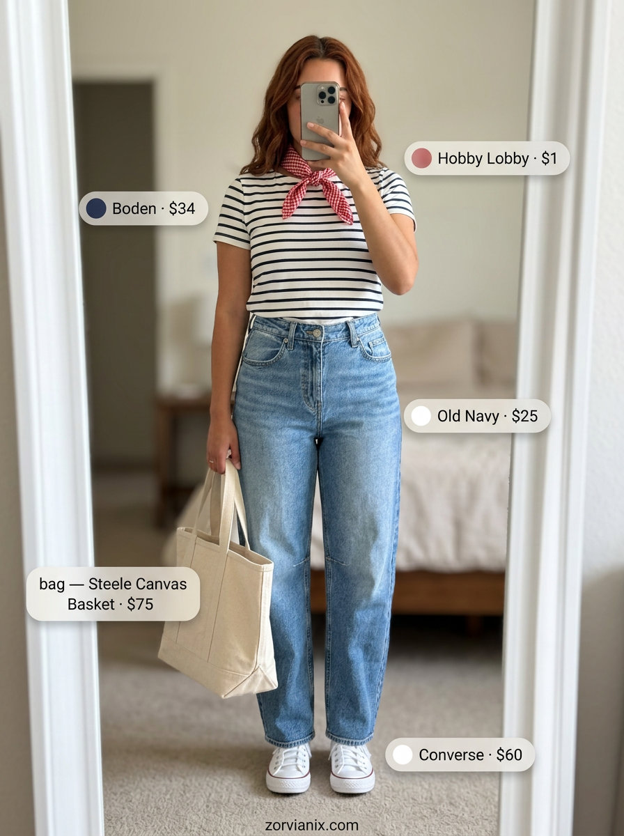 Playful Summer Barrel Leg Jeans Outfits for Women 2026: Light wash denim with navy & white striped top & canvas sneakers.