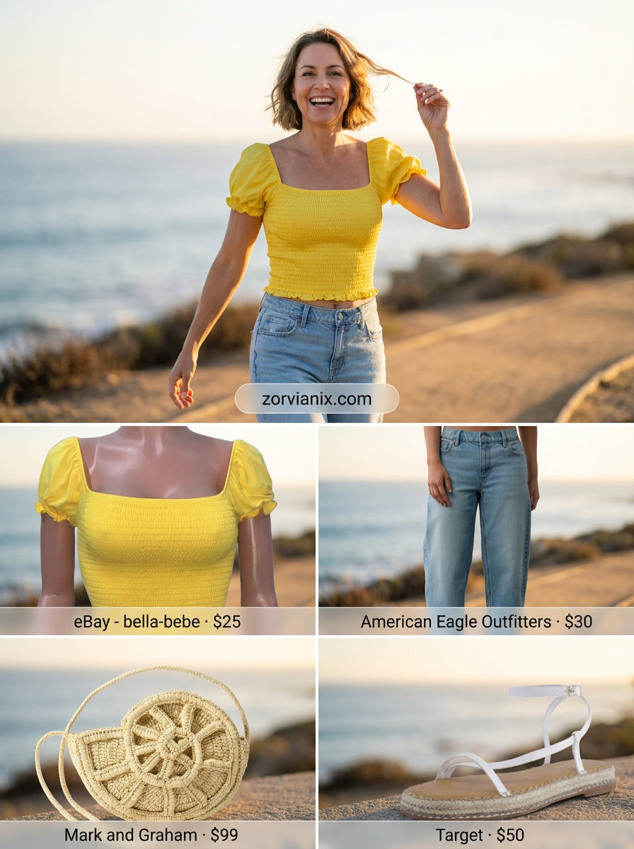 Sunny Summer Barrel Leg Jeans Outfits for Women 2026: Light wash denim with yellow smocked crop top & espadrilles.