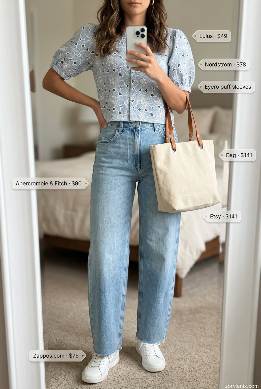 Summer barrel leg jeans outfits for women 2026: Light wash barrel jeans, powder blue blouse, white sneakers for brunch.