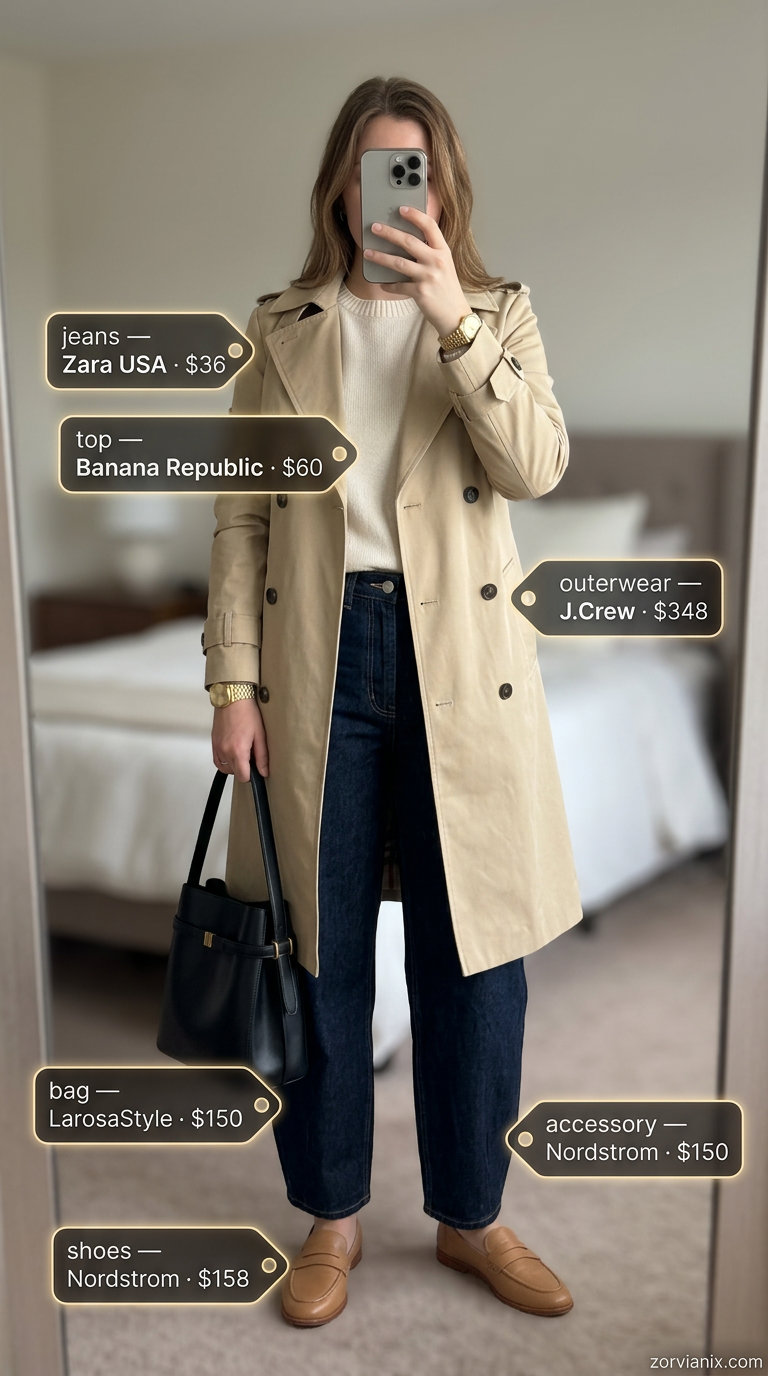 Summer barrel leg jeans outfits for women 2026: Dark wash barrel jeans, trench coat, loafers for work.