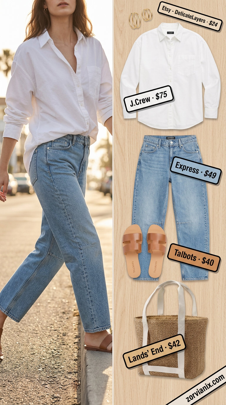 Summer barrel leg jeans outfits for women 2026: Light wash barrel jeans, white shirt, slide sandals.