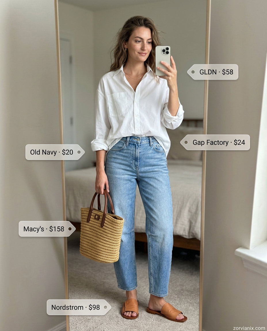 Summer barrel leg jeans outfits for women 2026: Light wash jeans, white shirt, tan slides, straw tote.