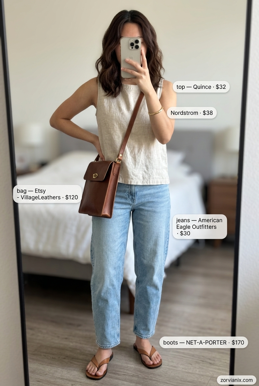 Summer barrel leg jeans outfits for women 2026: Light wash barrel jeans, linen tank, leather sandals.
