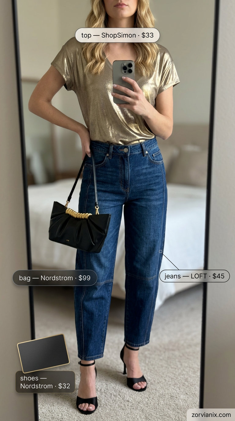 Summer barrel leg jeans outfits for women 2026: Dark wash barrel jeans, gold metallic top, black heels.