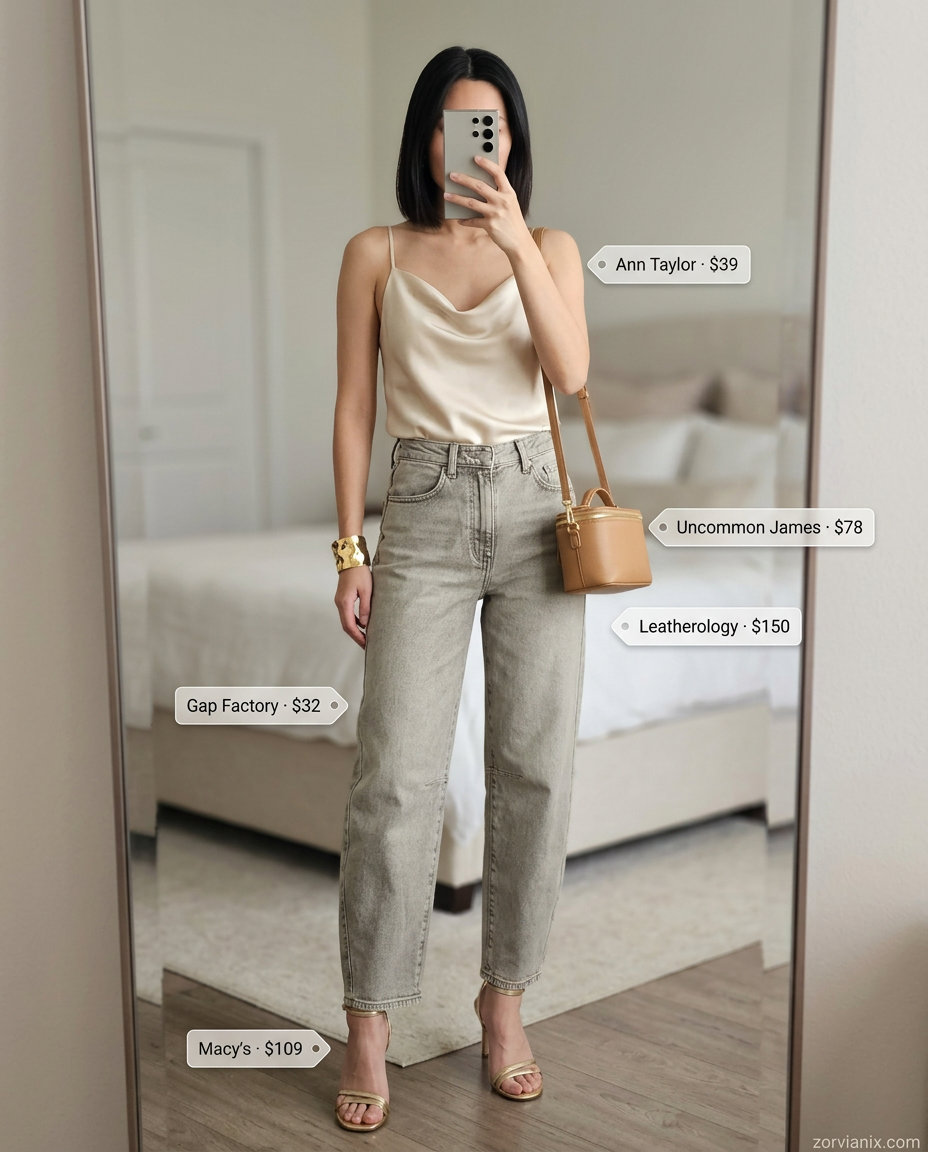 Summer barrel leg jeans outfits for women 2026: Golden wash barrel jeans, cream cami, gold heels for evening.