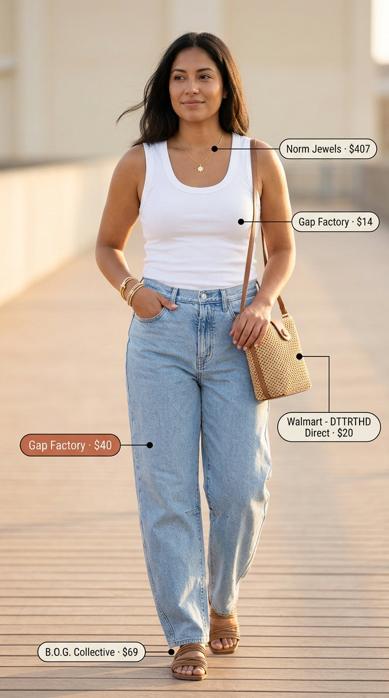 Summer barrel leg jeans outfits for women 2026: Light wash denim jeans, cream tank, tan slides, straw bag.
