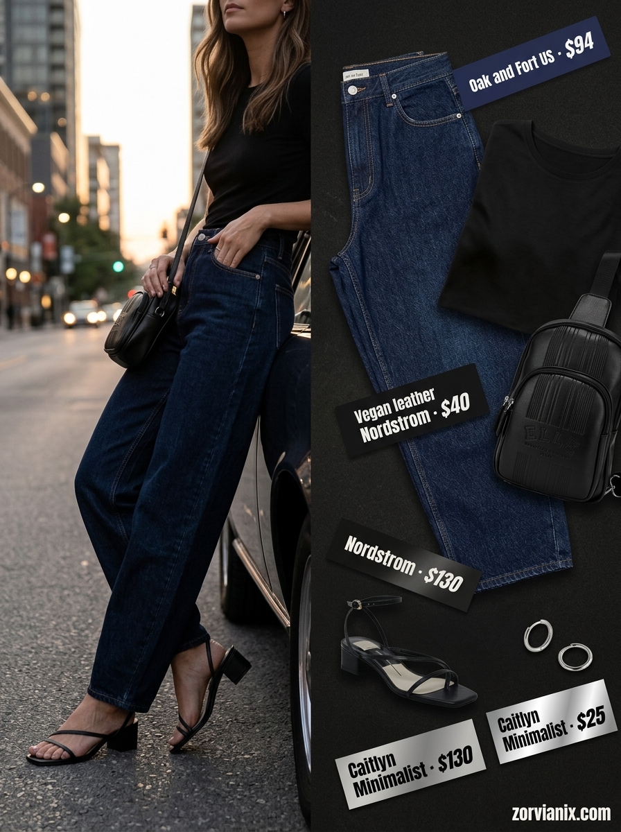 Summer barrel leg jeans outfits for women 2026: Indigo jeans, black bodysuit, strappy sandals, crossbody bag.