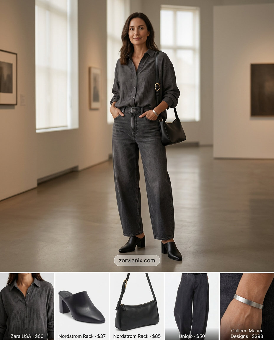 Summer barrel leg jeans outfits for women 2026: Charcoal grey jeans, black mules, oversized shirt.