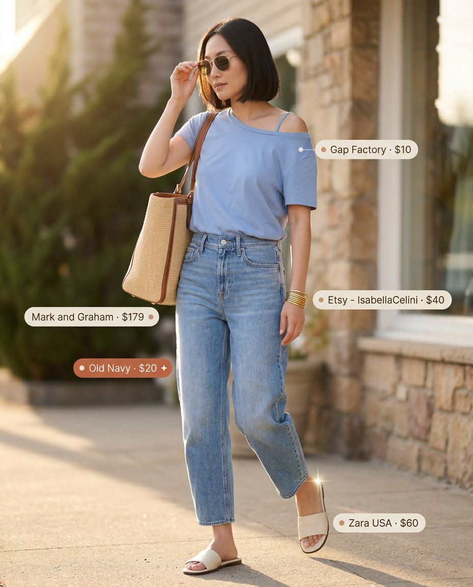 Summer barrel leg jeans outfits for women 2026: Light wash jeans, muted blue tee, off-white sandals.