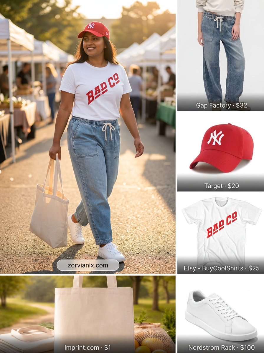 Summer barrel leg jeans outfits for women 2026: Light wash jeans, graphic tee, sneakers, baseball cap.