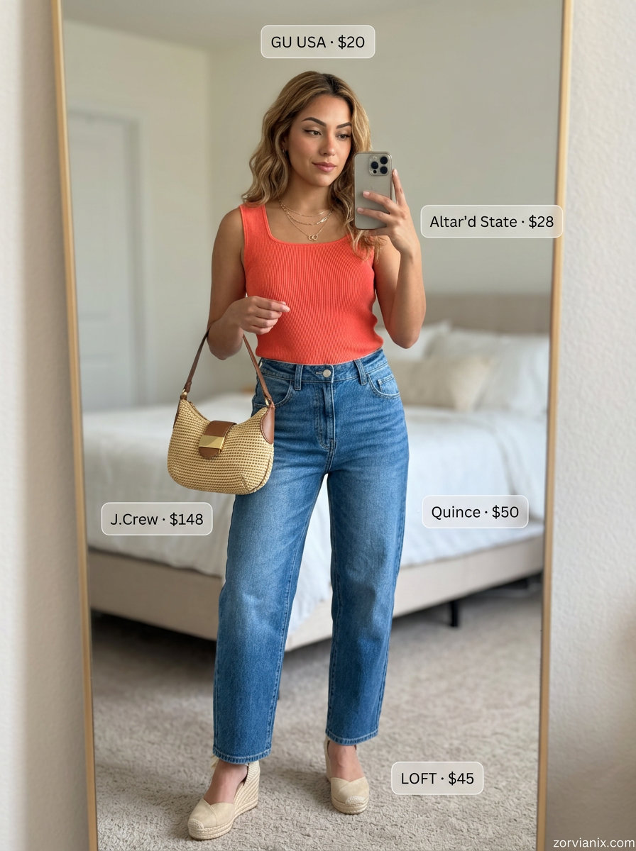 Summer barrel leg jeans outfits for women 2026: Warm wash barrel jeans, coral tank, espadrilles for evening.