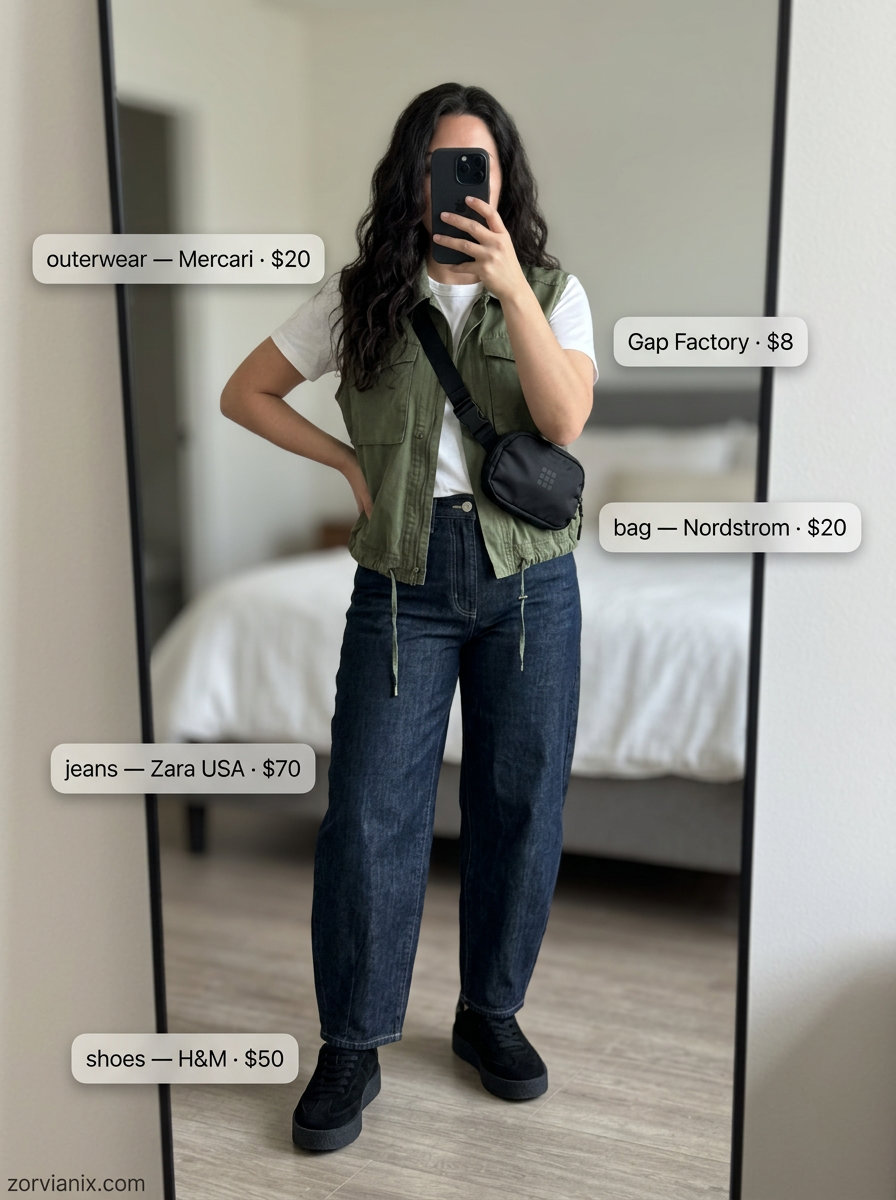 Summer barrel leg jeans outfits for women 2026: Dark wash jeans, olive vest, white tee, sneakers, belt bag.