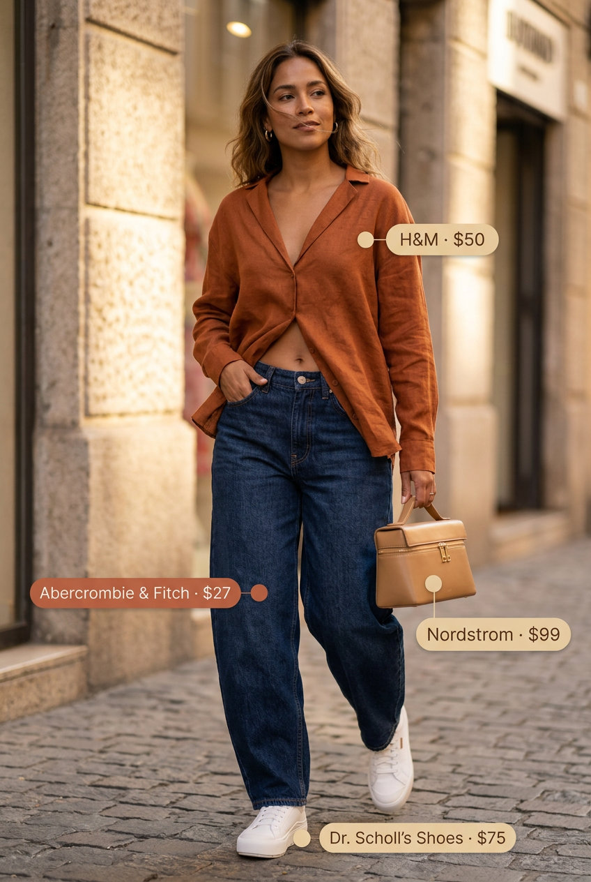 Summer barrel leg jeans outfits for women 2026: White jeans, citrus orange shirt, sneakers, gold hoops.