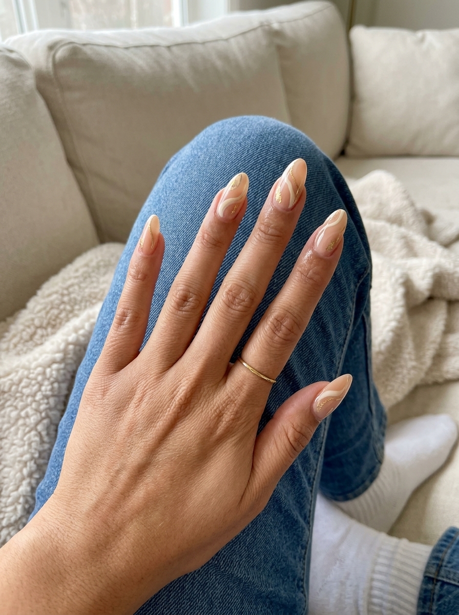 Summer Classy Nails 2026: Bohemian Peach Swirls Bohemian Peach Swirls nails, a relaxed summer classy nails 2026 style for vacations or festivals.