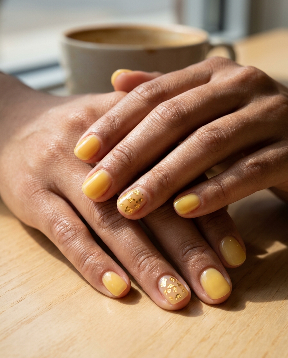 Butter Yellow Jelly Accent: Summer Classy Nails 2026 Translucent butter yellow jelly nails with gold foil flakes for playful summer classy nails 2026. Great for daytime events.