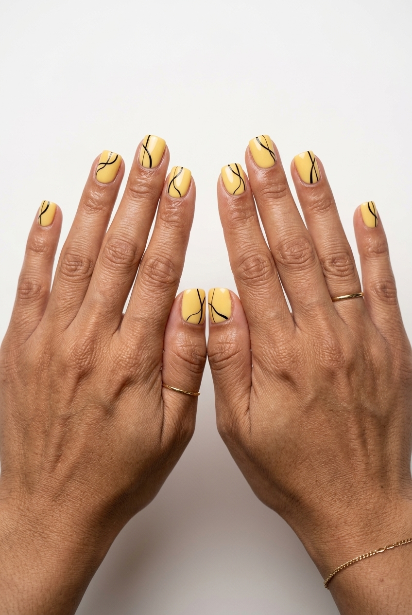 Butter Yellow Minimalist Lines: Summer Classy Nails 2026 Butter yellow nails with black abstract lines for a chic summer classy nails 2026 look. Perfect for art galleries.