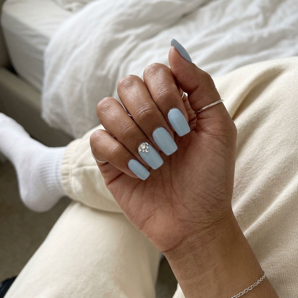 Summer Classy Nails 2026: Crystal Blue Sparkle Crystal Blue Sparkle Almond nails, a glamorous summer classy nails 2026 option for parties.
