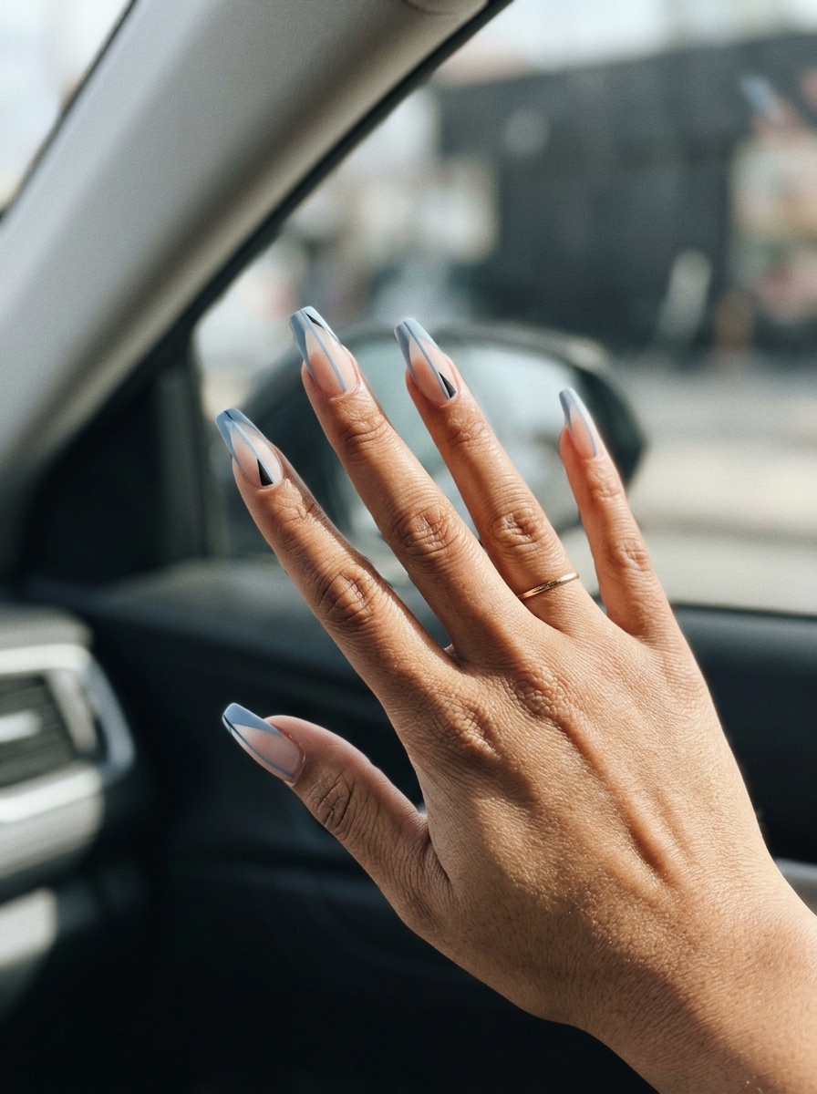 Modern Geometric Nails 2026 | Art Gallery Style Modern pale blue and black geometric nails for summer classy nails 2026, art gallery visit or edgy street style.