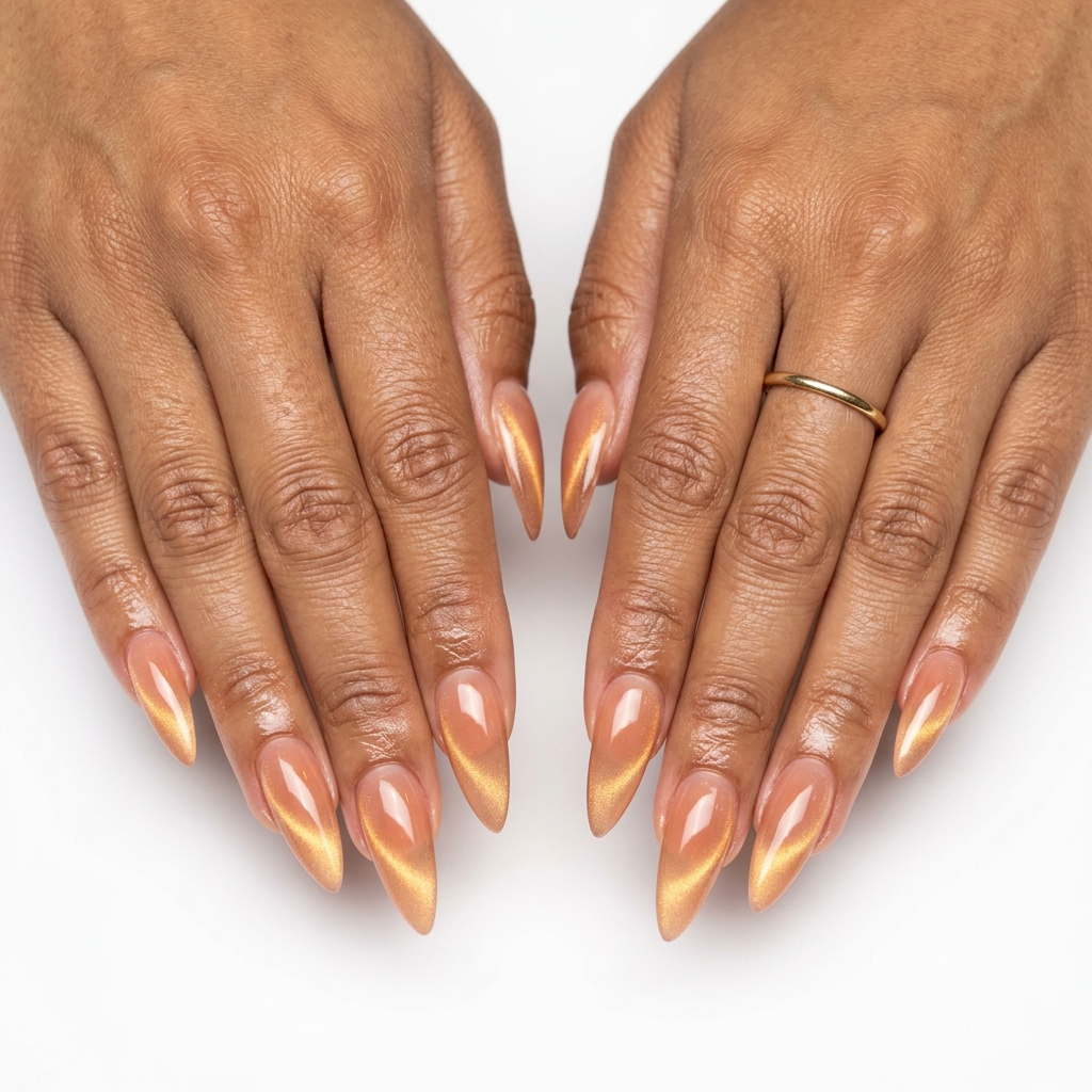 Peach Cat-Eye Nails 2026 | Sultry Evening Glam Peach cat-eye enchantress nails for summer classy nails 2026, ideal for date night or summer parties.