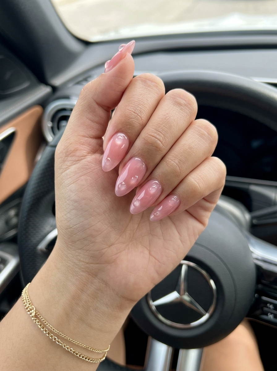 Pink Dew Drop Nails 2026 | Romantic Bridal Style Sheer pink dew drop accent nails for summer classy nails 2026, ideal for weddings or date nights.