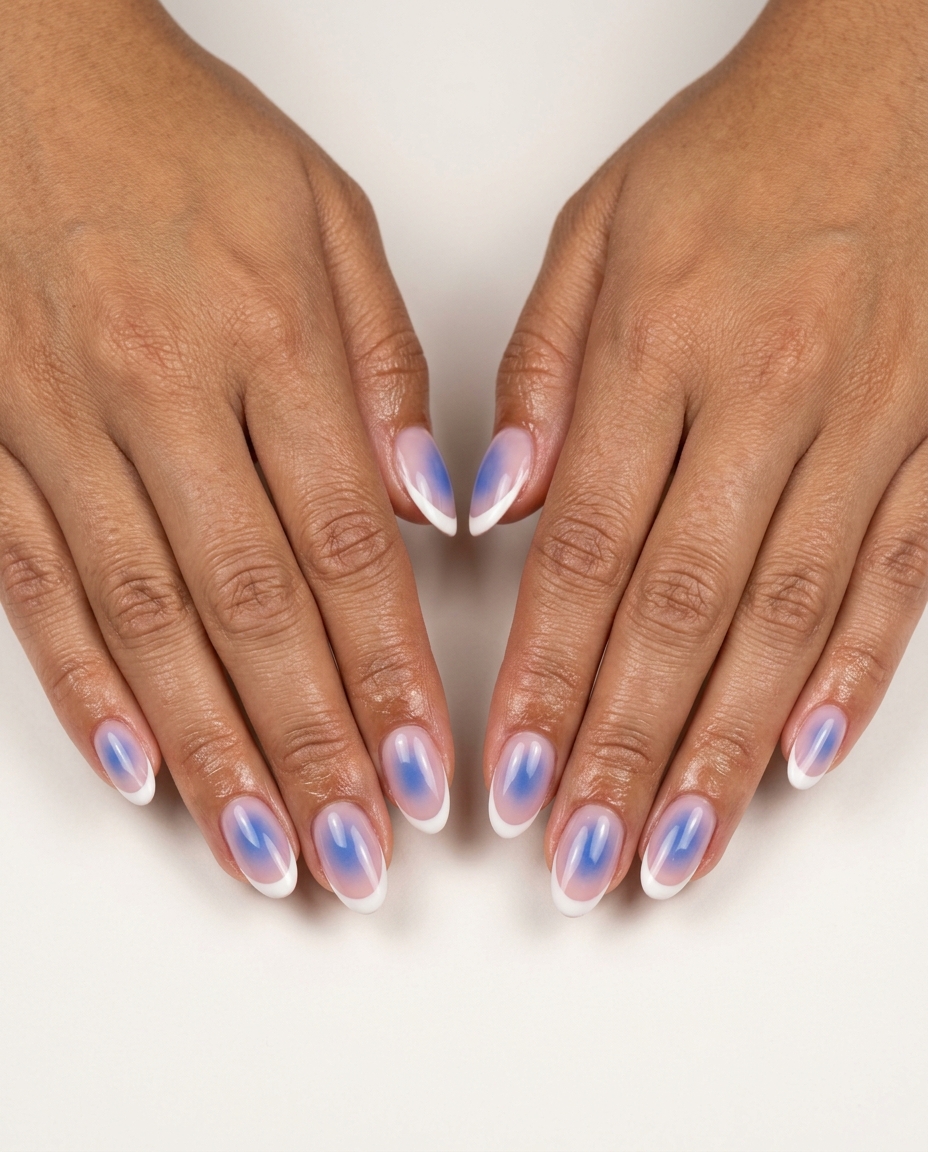 Romantic cobalt blue aura French tip oval nails for elegant summer colorful nails designs 2026 weddings.