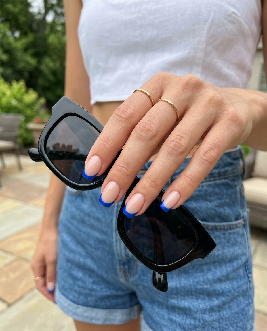 Cobalt Blue Reverse French Squoval nails: modern summer colorful nails designs 2026 for work.
