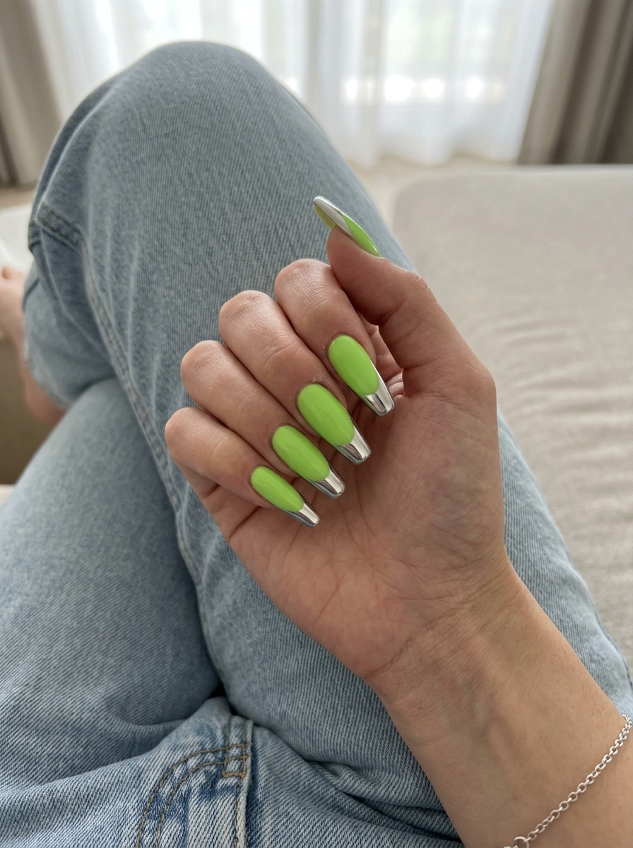 Electric Lime Chrome French Tip Coffin nails: edgy glam for summer colorful nails designs 2026.