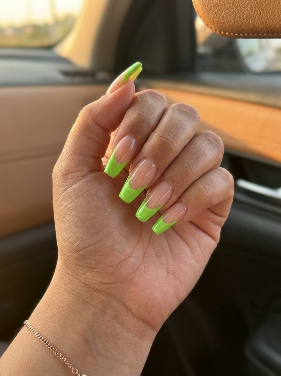 Edgy electric lime negative space French tip coffin nails for modern summer colorful nails designs 2026.