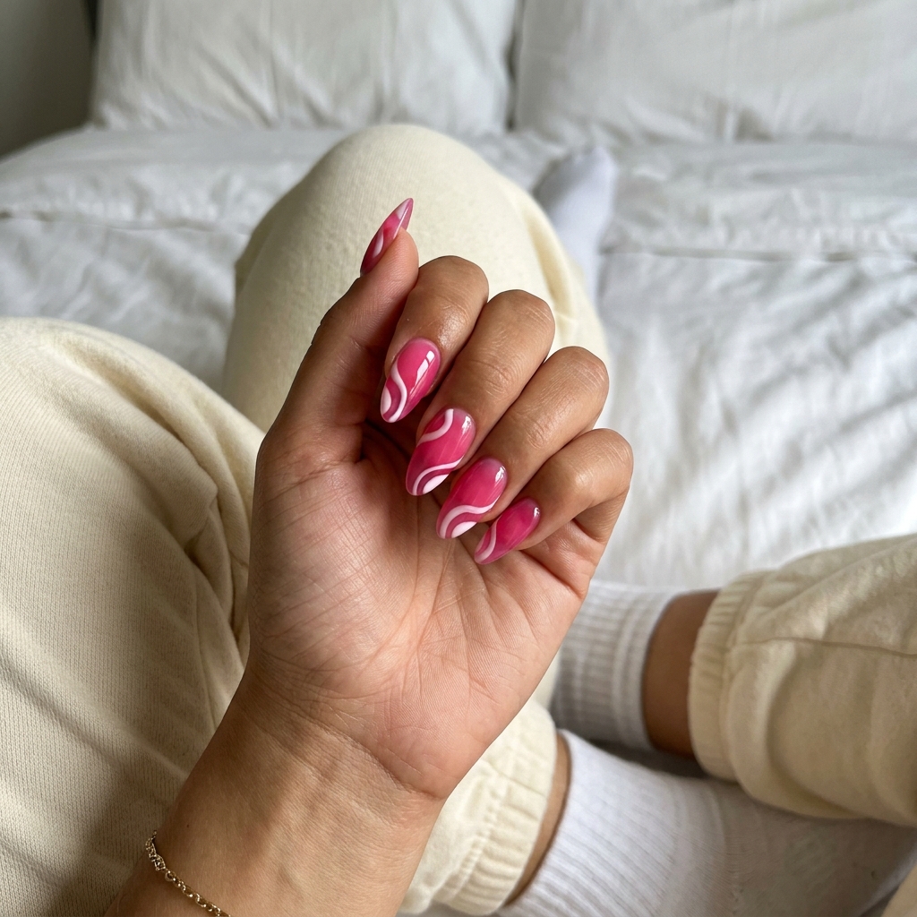 Hot Pink Jelly Swirls Almond nails: vibrant summer colorful nails designs 2026 for festivals & vacations.