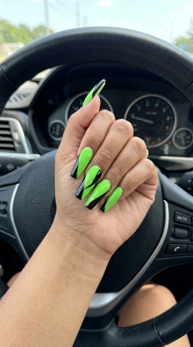 Edgy neon green and black color block coffin nails for bold summer colorful nails designs 2026 festivals.