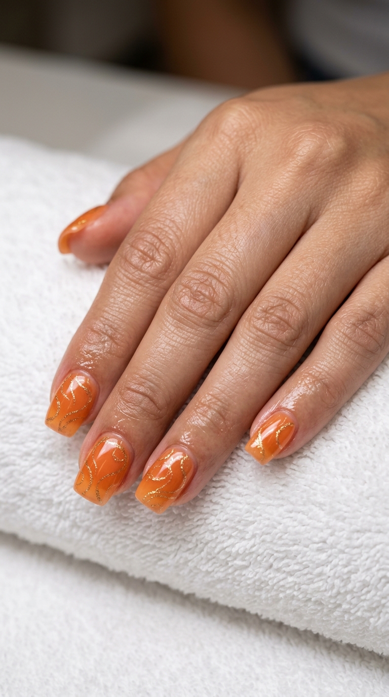 Orange Sorbet Glitter Swirls Squoval nails: whimsical and joyful for summer colorful nails designs 2026.