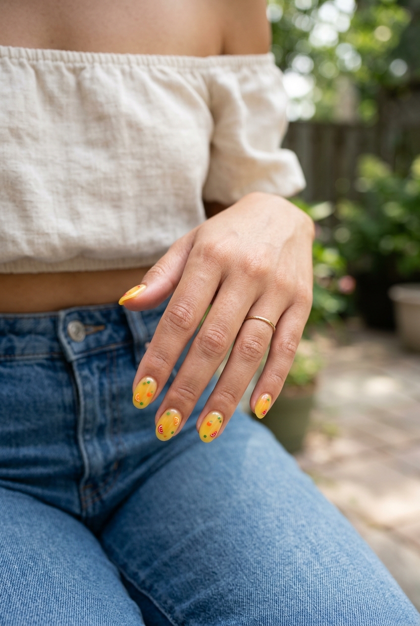 Sunny Yellow Jelly Fruit Dots Oval nails: playful and sweet for summer colorful nails designs 2026.