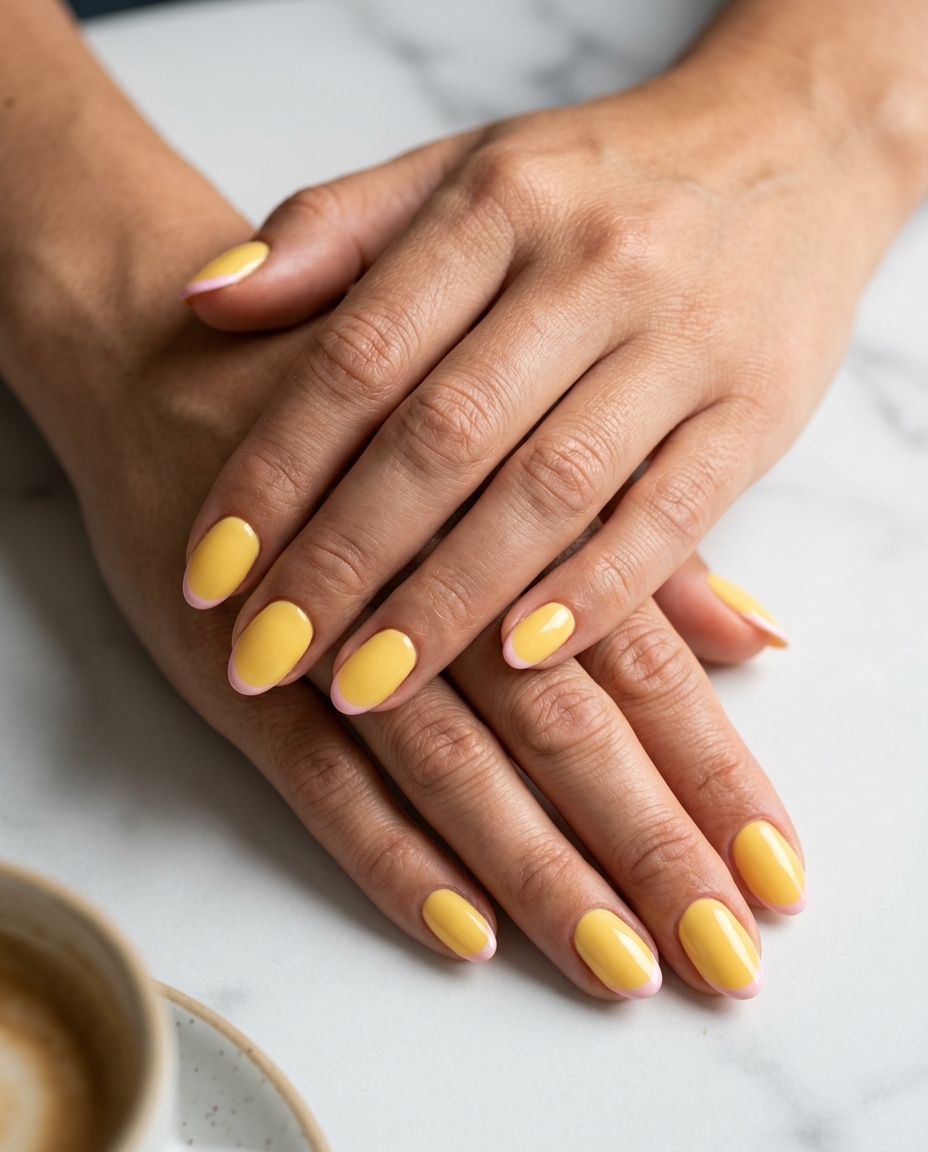 Sunny Yellow Micro French Oval nails: playful summer colorful nails designs 2026 for picnics.