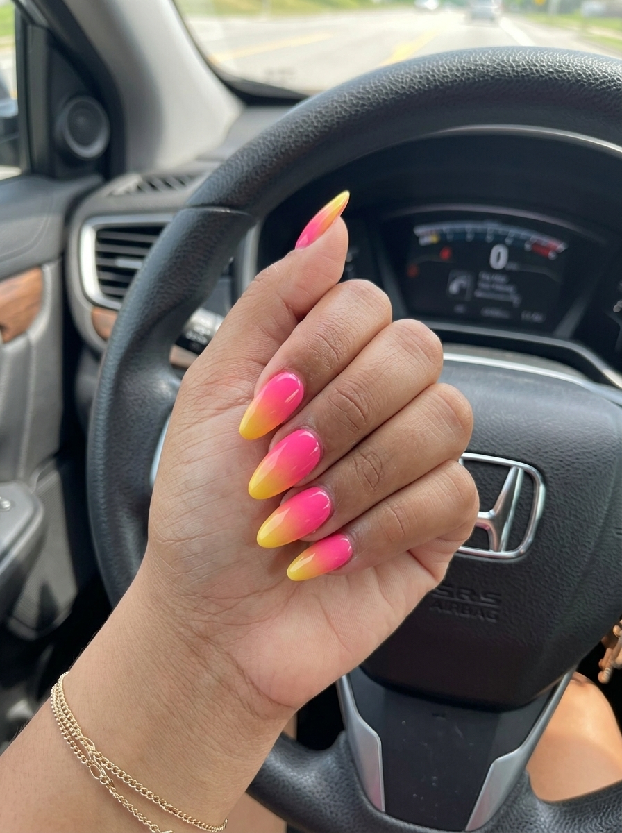 Sunset Ombre Almond Gradient nails: hot pink to sunny yellow blend for summer colorful nails designs 2026.