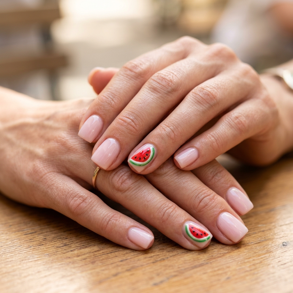 Whimsical watermelon slice accent square nails for fun summer colorful nails designs 2026 vacations.