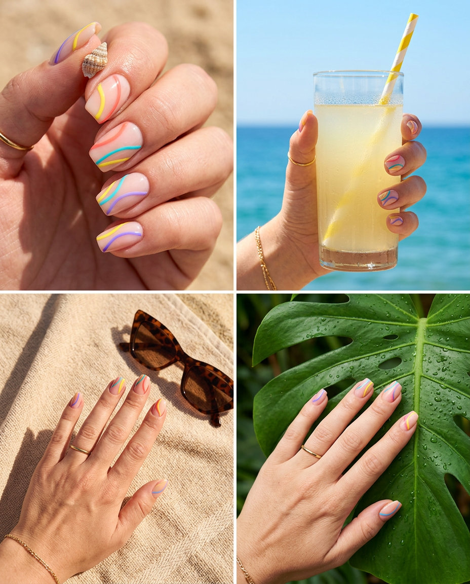 Summer Dip Nails 2026: Abstract Line Play Summer dip nails 2026: Artistic line play abstract on nude base with vibrant multi-color lines.