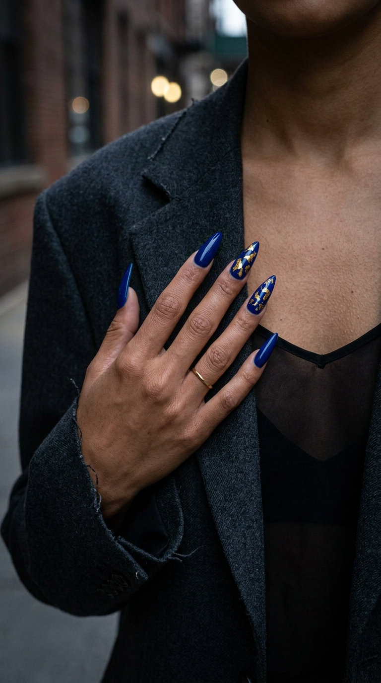 Summer Dip Nails 2026: Cobalt Gold Flake Summer dip nails 2026: Glamorous cobalt blue with gold flake accents on extra-long stiletto nails.