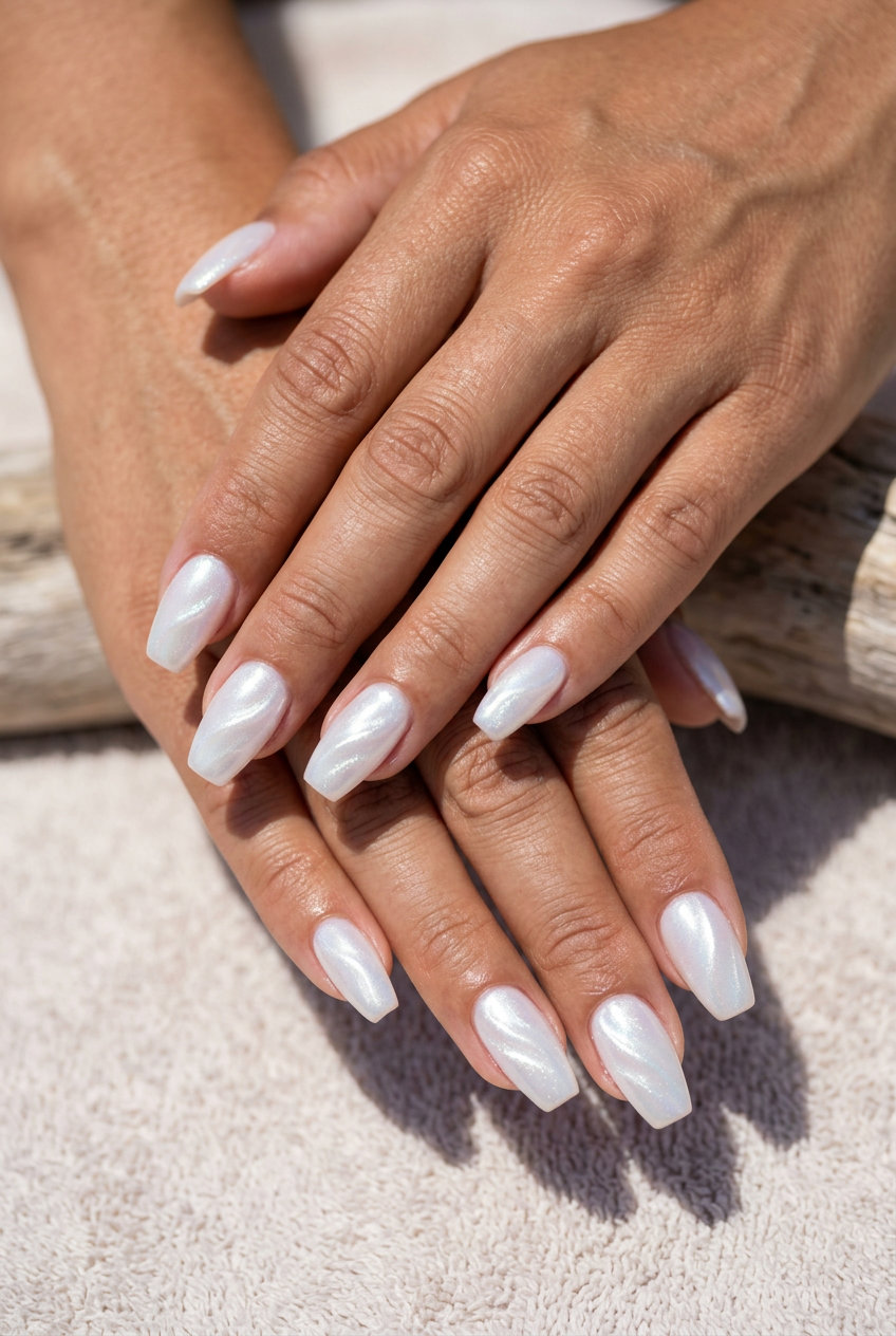 Summer Dip Nails 2026: Iridescent Wave Shimmer Summer dip nails 2026: Ethereal iridescent white wave shimmer on medium coffin nails for vacation.