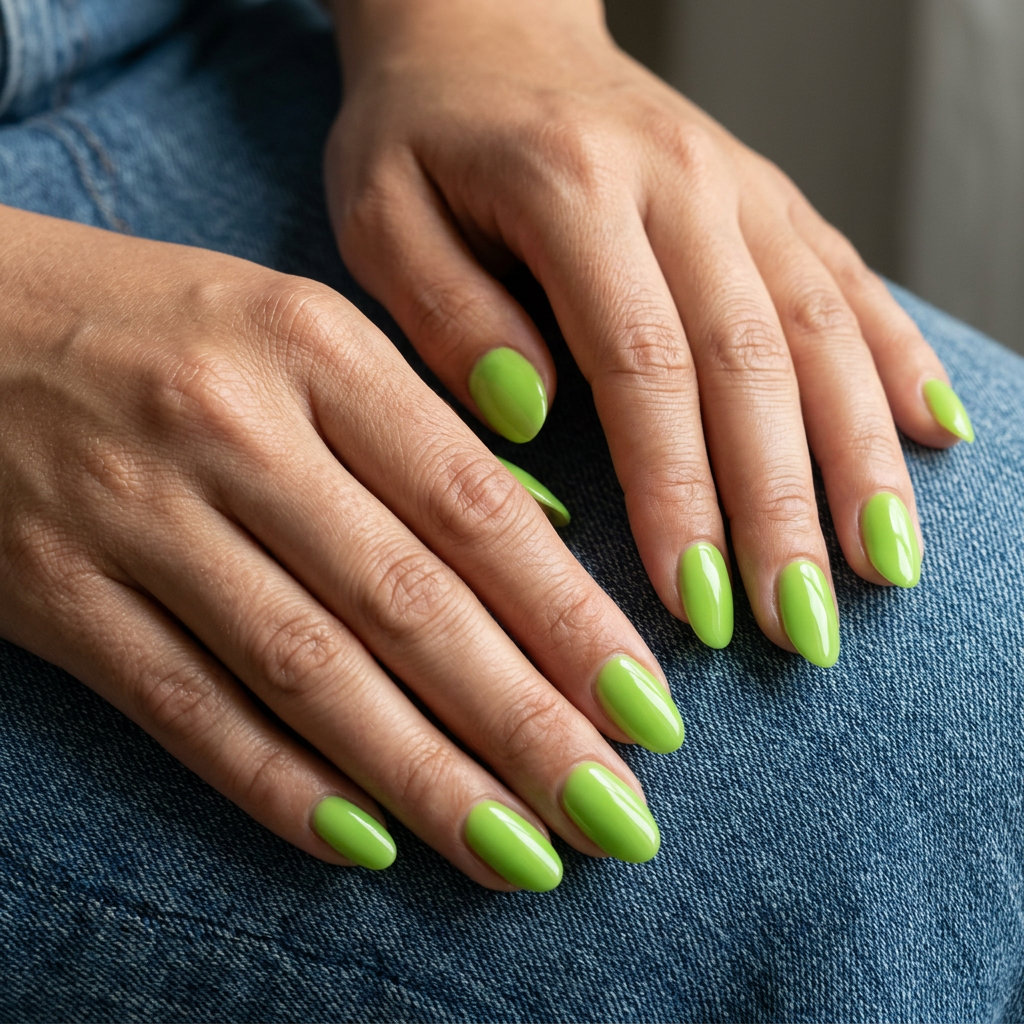 Summer Dip Nails 2026: Lime Green Glossy Summer dip nails 2026: Playful lime green glossy squoval nails for casual vacation outings.