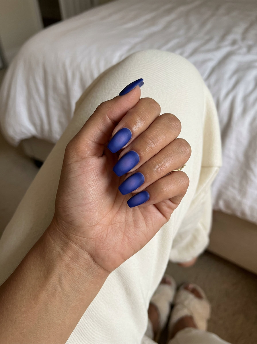Mystic Blue Aura Nails 2026: Matte Festival Style Mystic blue aura gradient matte nails for parties and festivals. Summer dip nails 2026.