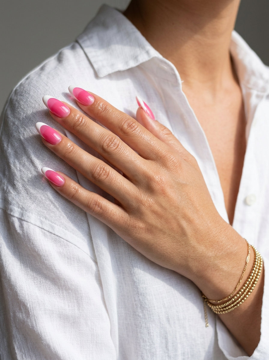 Summer dip nails 2026: Romantic sheer hot pink jelly almond with white French tip for date night.