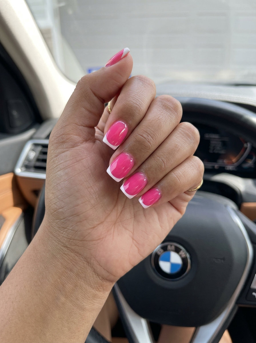 Hot Pink Jelly French Nails 2026: Playful Chic Sheer hot pink jelly French tip nails for date night and summer events. Summer dip nails 2026.